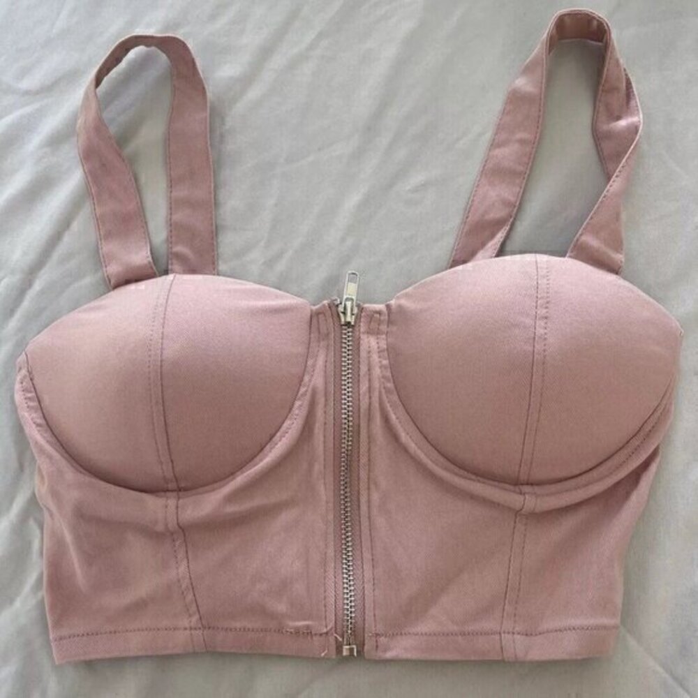 Haute Monde Pink Crop Bustier Bralette Top Zipper Detail Women's Sz S